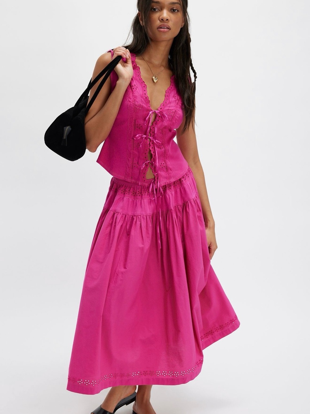 Free People Gesibelle Embroidered Eyelet Maxi Skirt Set- Very Berry